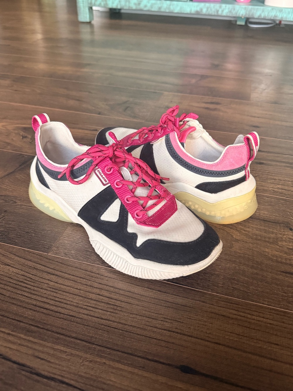 Coach Lace-Up Sneakers in Cream, Black & Hot Pink